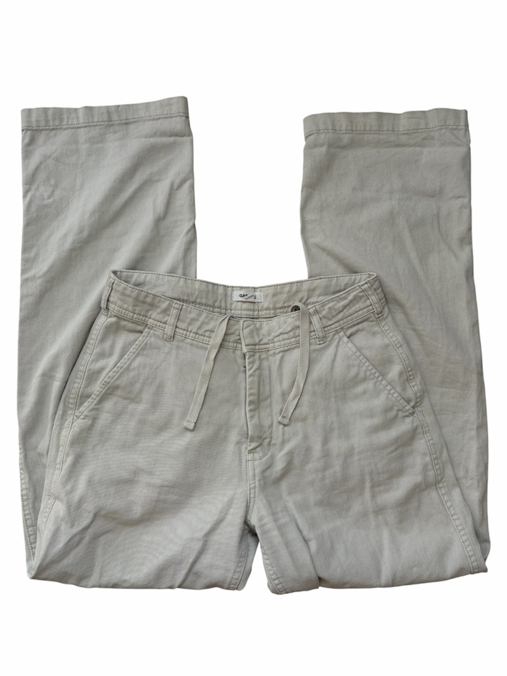 Garage Beige Cotton Drawstring Pants Straight Leg Relaxed Chino Casual Minimalis
